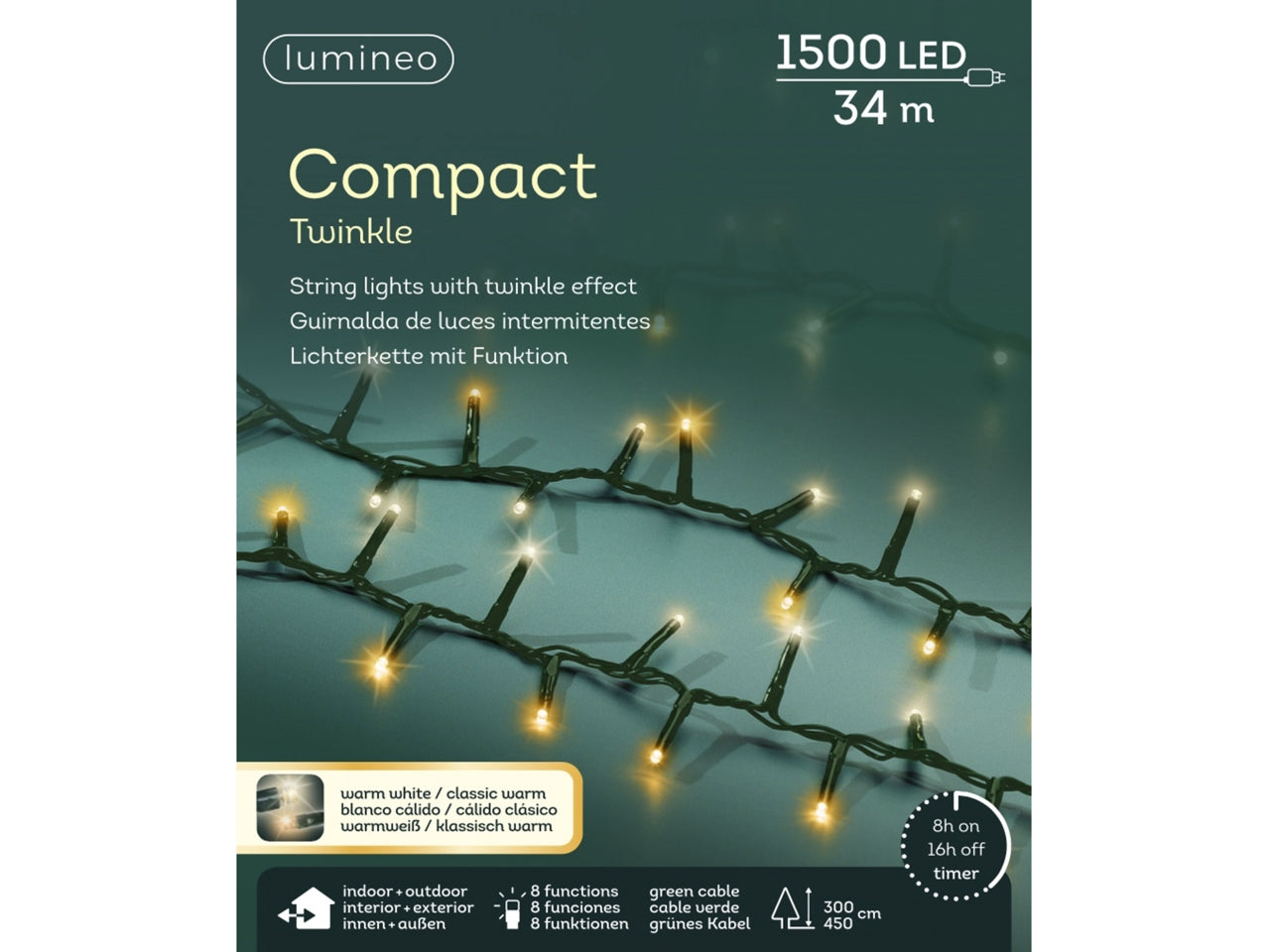 Catena luci 1500led bianco caldo e bianco freddo 8 funzioni 34mt filo verde per uso interno/esterno