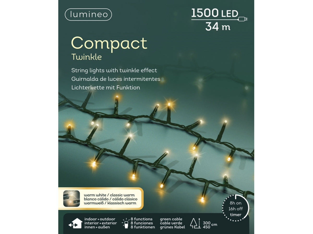 Catena luci 1500led bianco caldo e bianco freddo 8 funzioni 34mt filo verde per uso interno/esterno