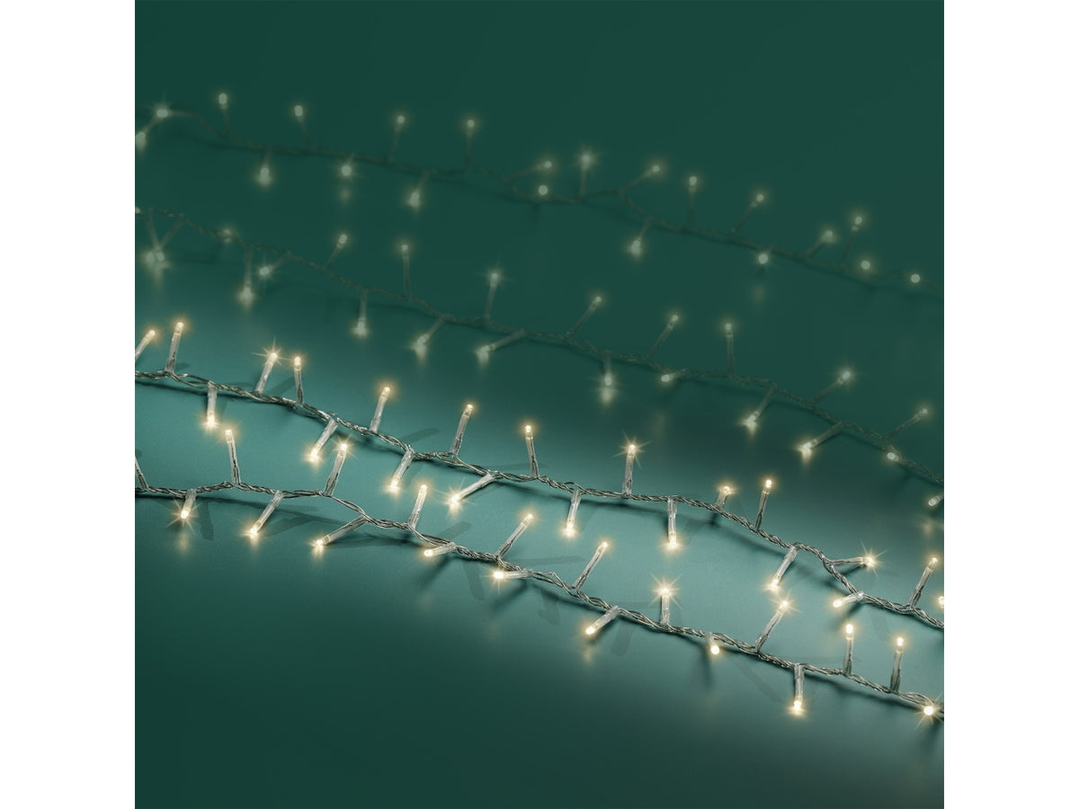 Catena luci 3000led bianco caldo 8 funzioni 60mt filo trasparente per uso interno/esterno