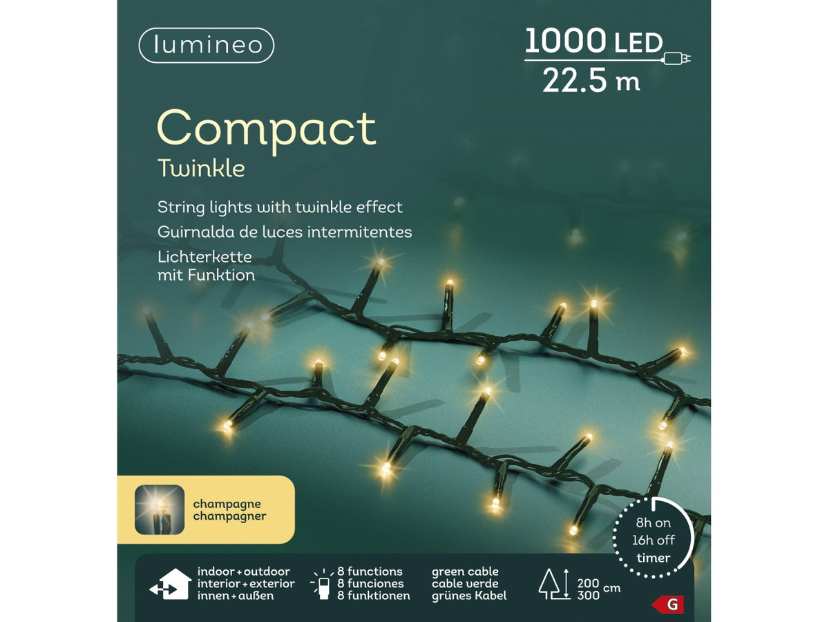 Catena luci 1000led oro soft 8 funzioni 22,5mt filo verde per uso interno/esterno