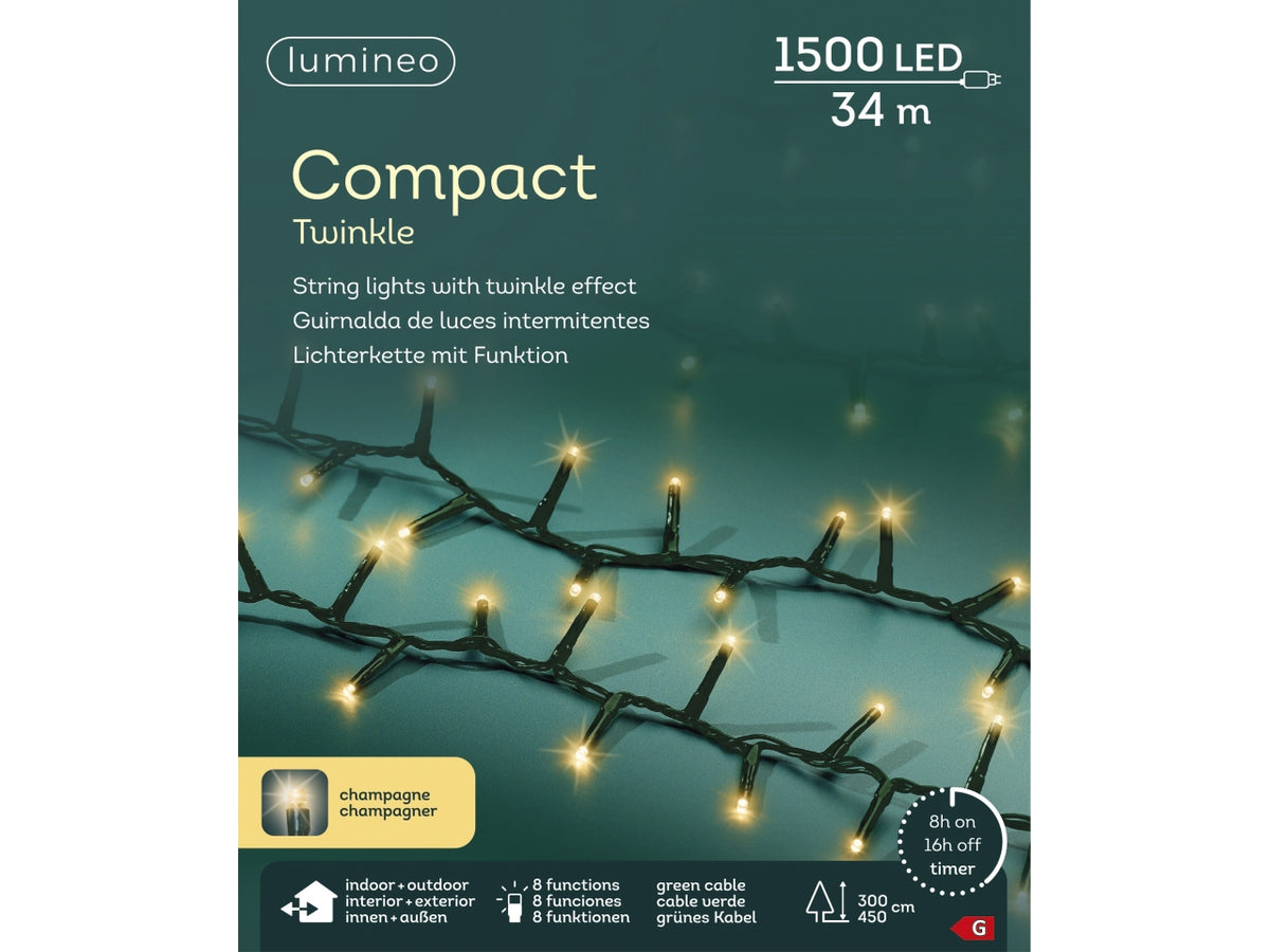 Catena luci 1500led oro soft 8 funzioni 34mt filo verde per uso interno/esterno