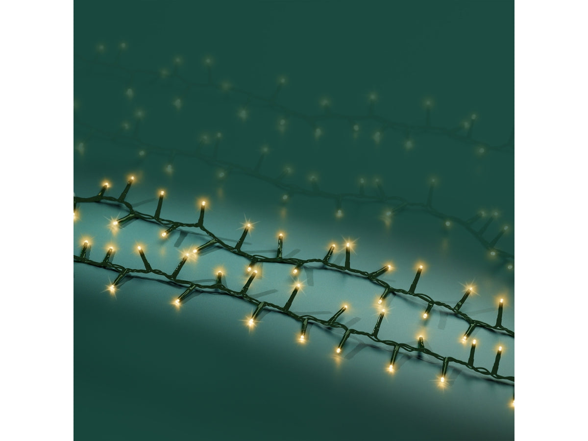 Catena luci 3000led oro soft 8 funzioni 60mt filo verde per uso interno/esterno