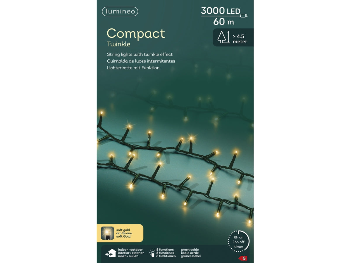 Catena luci 3000led oro soft 8 funzioni 60mt filo verde per uso interno/esterno
