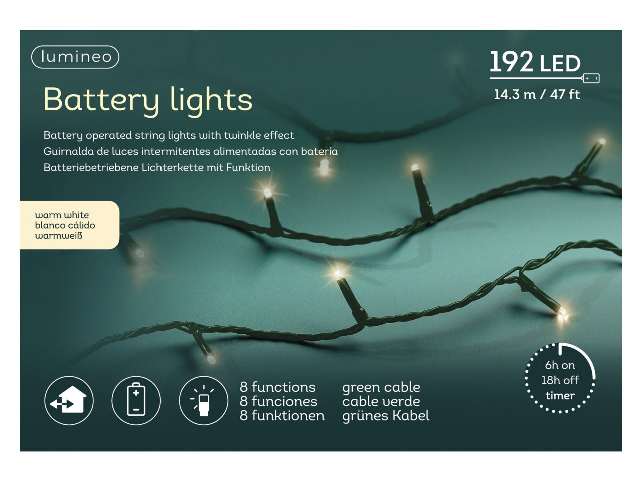 Catena luci 192led bianco caldo 14,3mt filo verde a batteria