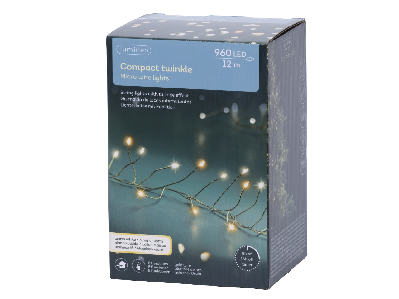 Catena luci con filo metallo oro 960led bianco caldo e bianco freddo 8 funzioni 12mt per uso interno/esterno