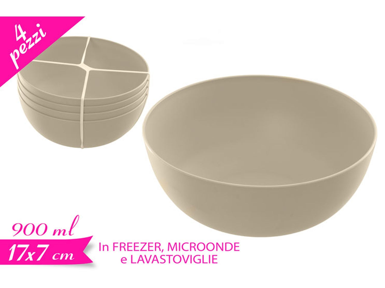 Set 4 scodelle in plastica riutilizzabile, colore avorio chic per zuppe, cereali e insalate