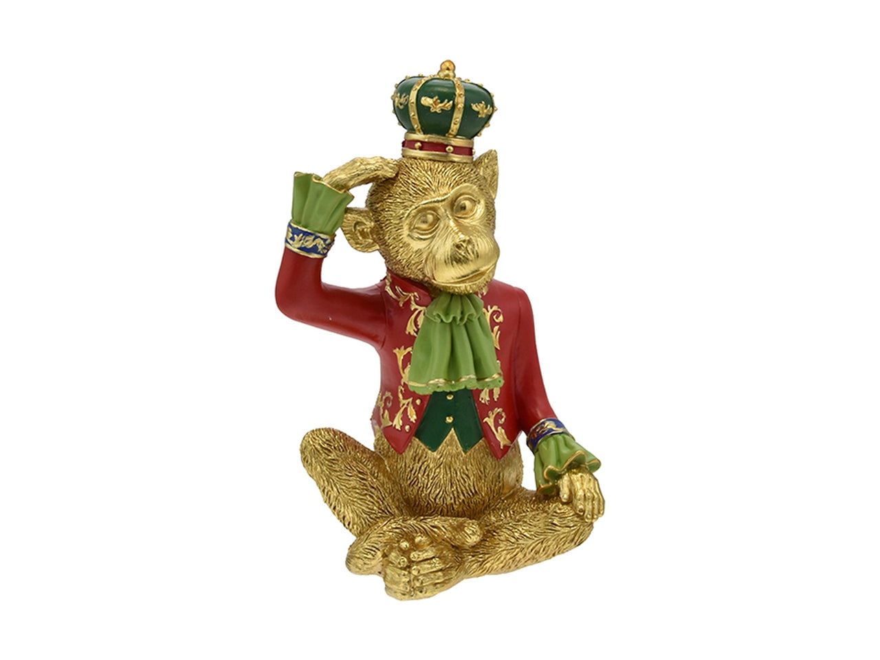 Scimmia in resina 23cm oro con vestiti verde e rosso