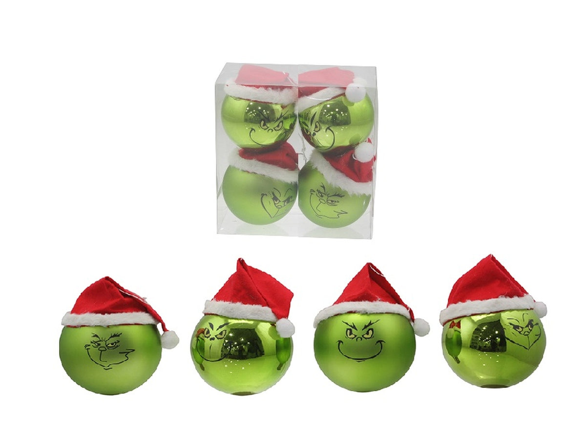 Palla 10cm verde lucida e opaca con cappello rosso in confezione da 4 pezzi