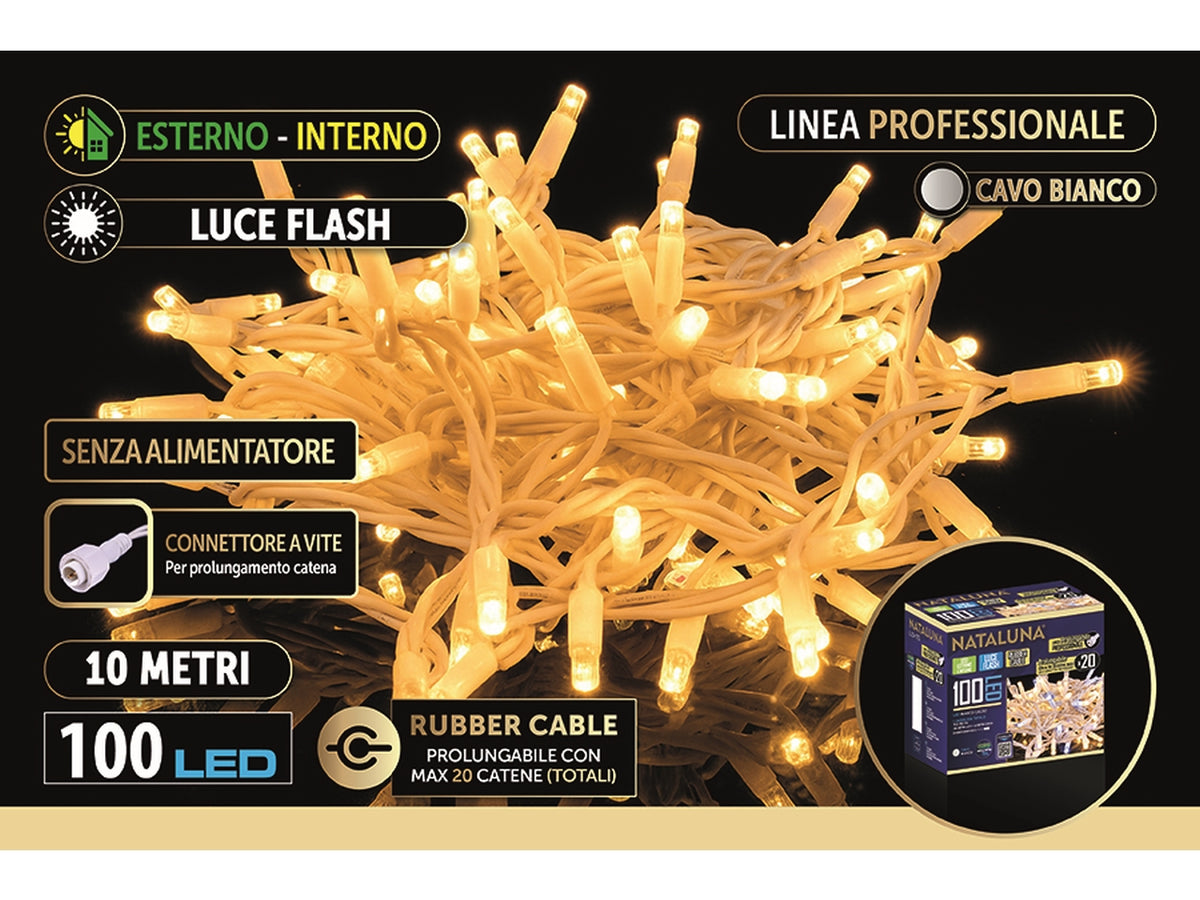 Catena luci 100 led bianco caldo con flash 10mt, cavo bianco prolungabile per uso interno/esterno, senza alimentatore