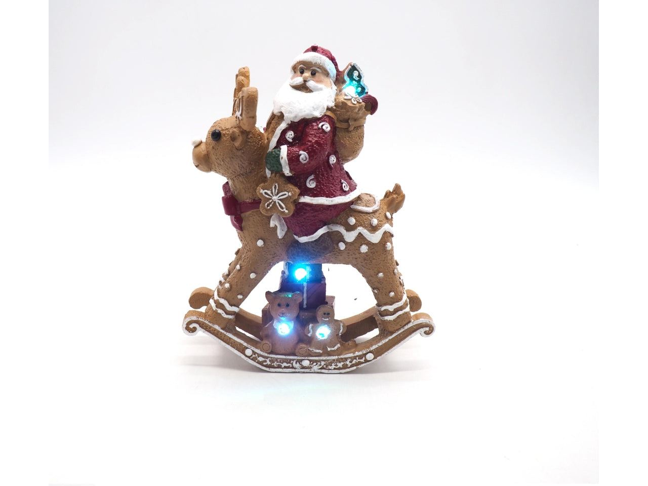 Renna a dondolo in poliresina con babbo natale e luci