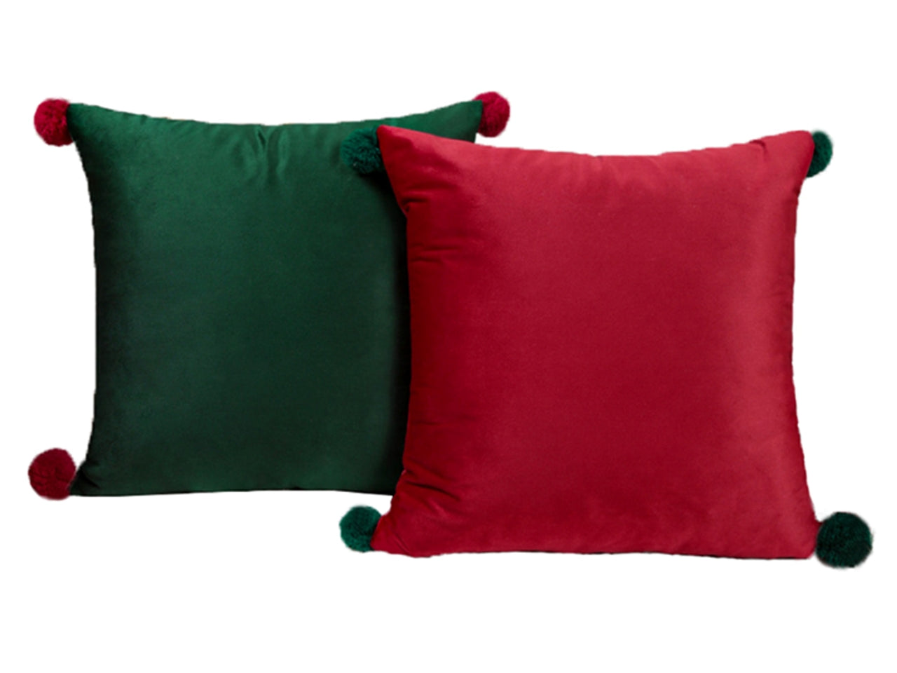 Cuscino 45x45cm in velluto con pom pom rosso/verde assortiti