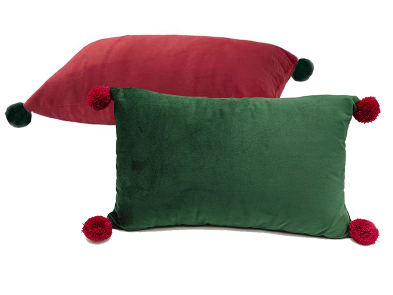 Cuscino 35x50cm in velluto con pom pom rosso/verde assortiti