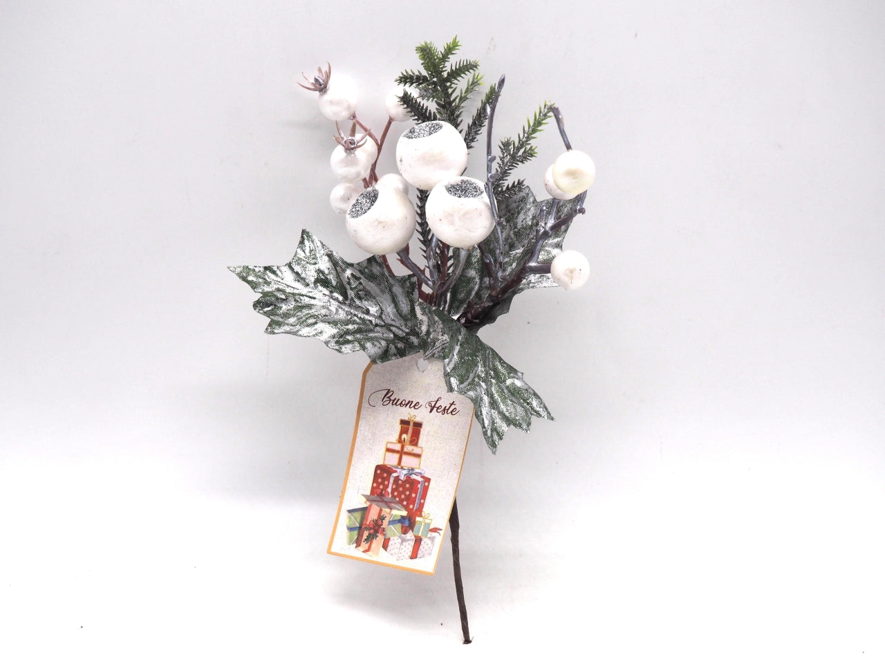 Pick 22,5cm con foglie e bacche floccate bianche
