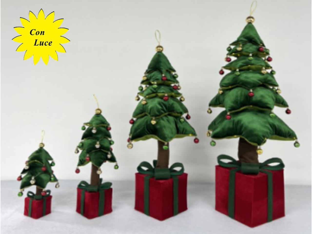 Albero 60cm in panno verde con campanelli, luci e base pacco regalo