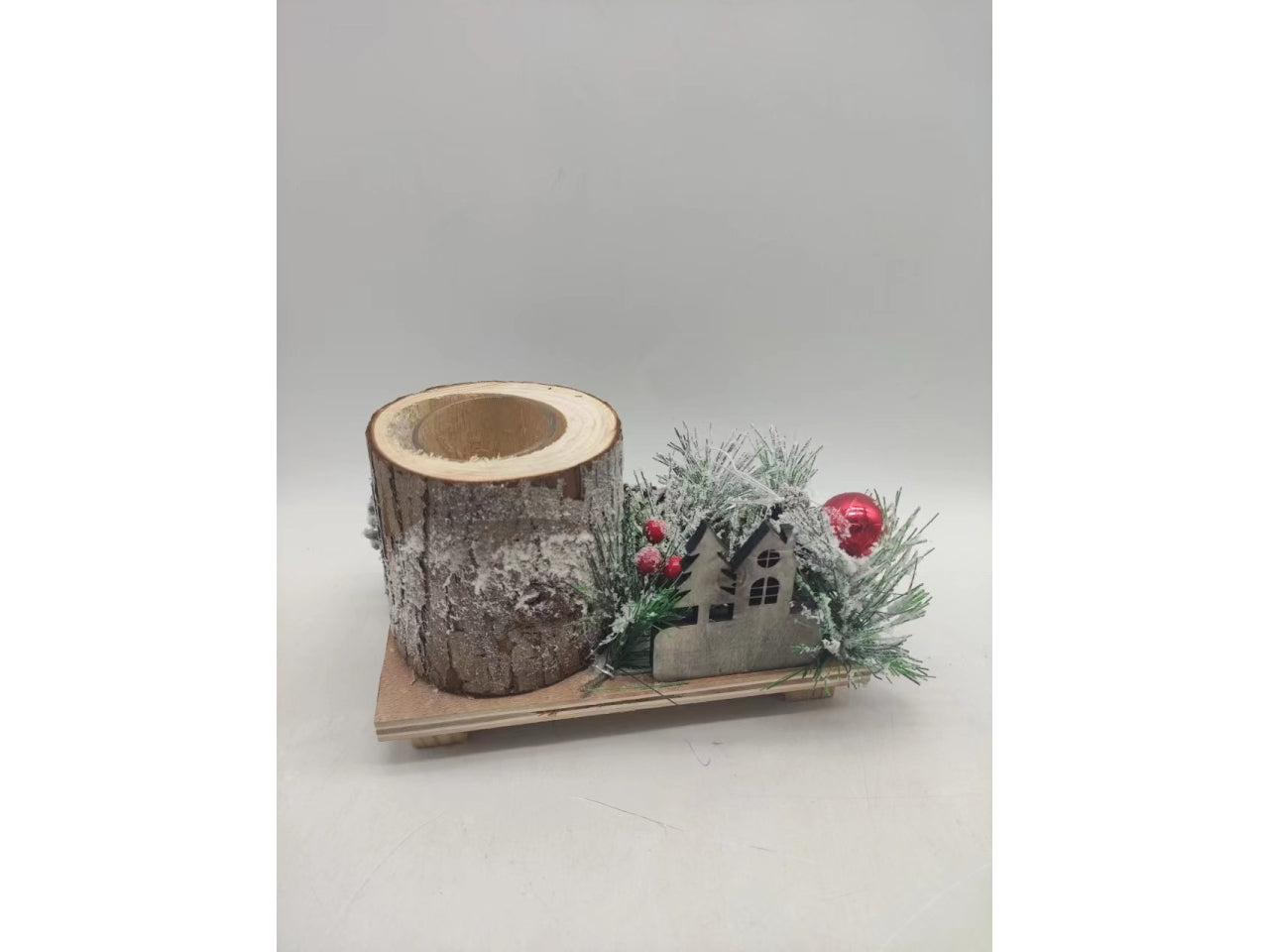 Portacandela legno 1vetro con pigne e bacche 20xh.12cm