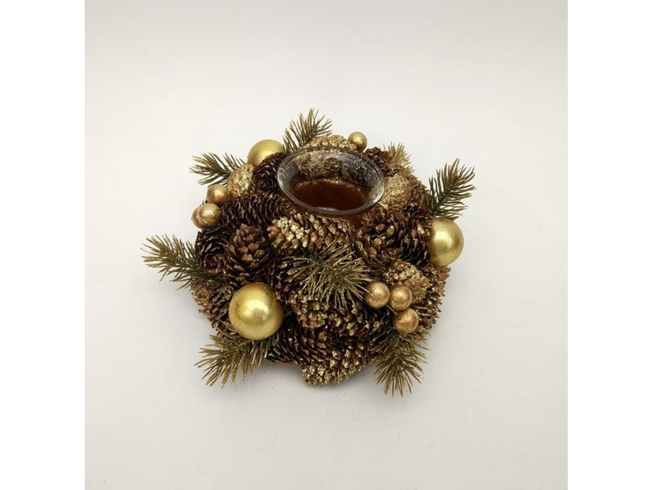 Portacandela 17xh.8cm 1vetro bacche oro e pigne