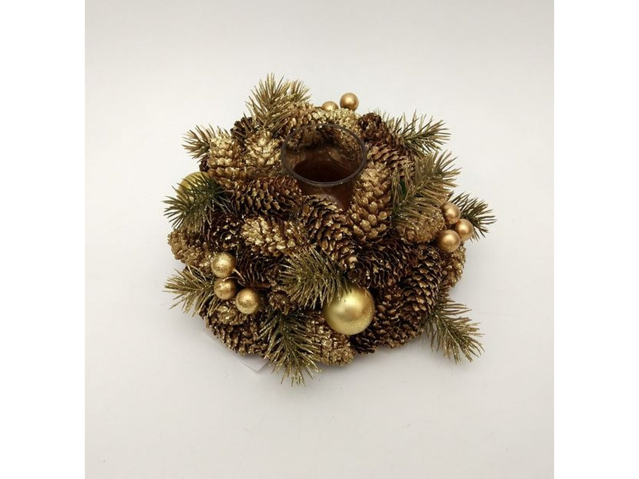 Portacandela 20xh.10cm 1vetro bacche oro e pigne