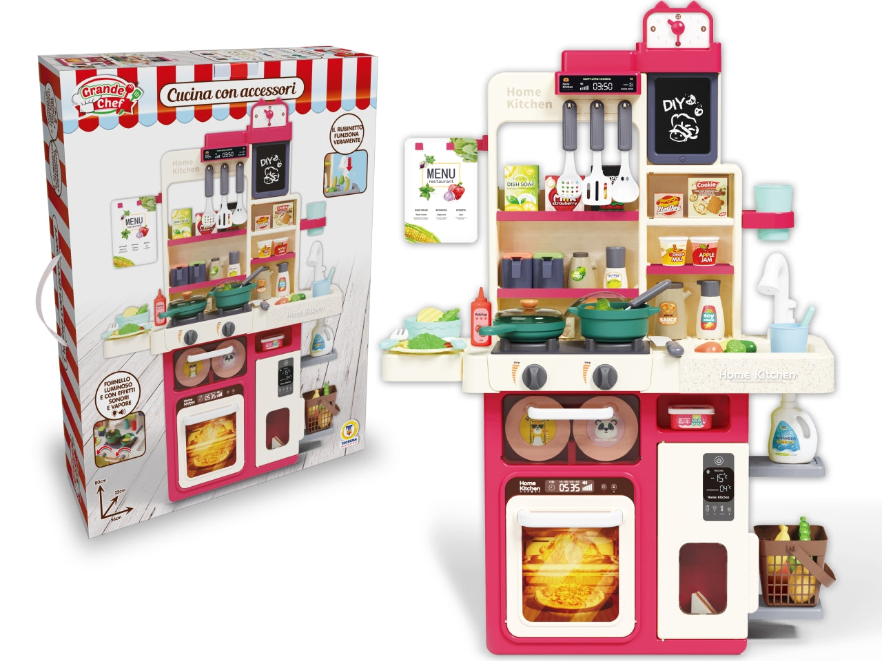 Grande chef cucina con accessori e funzioni reali h.80cm con luci, suoni e vapore la confezione composta da 63 pezzi