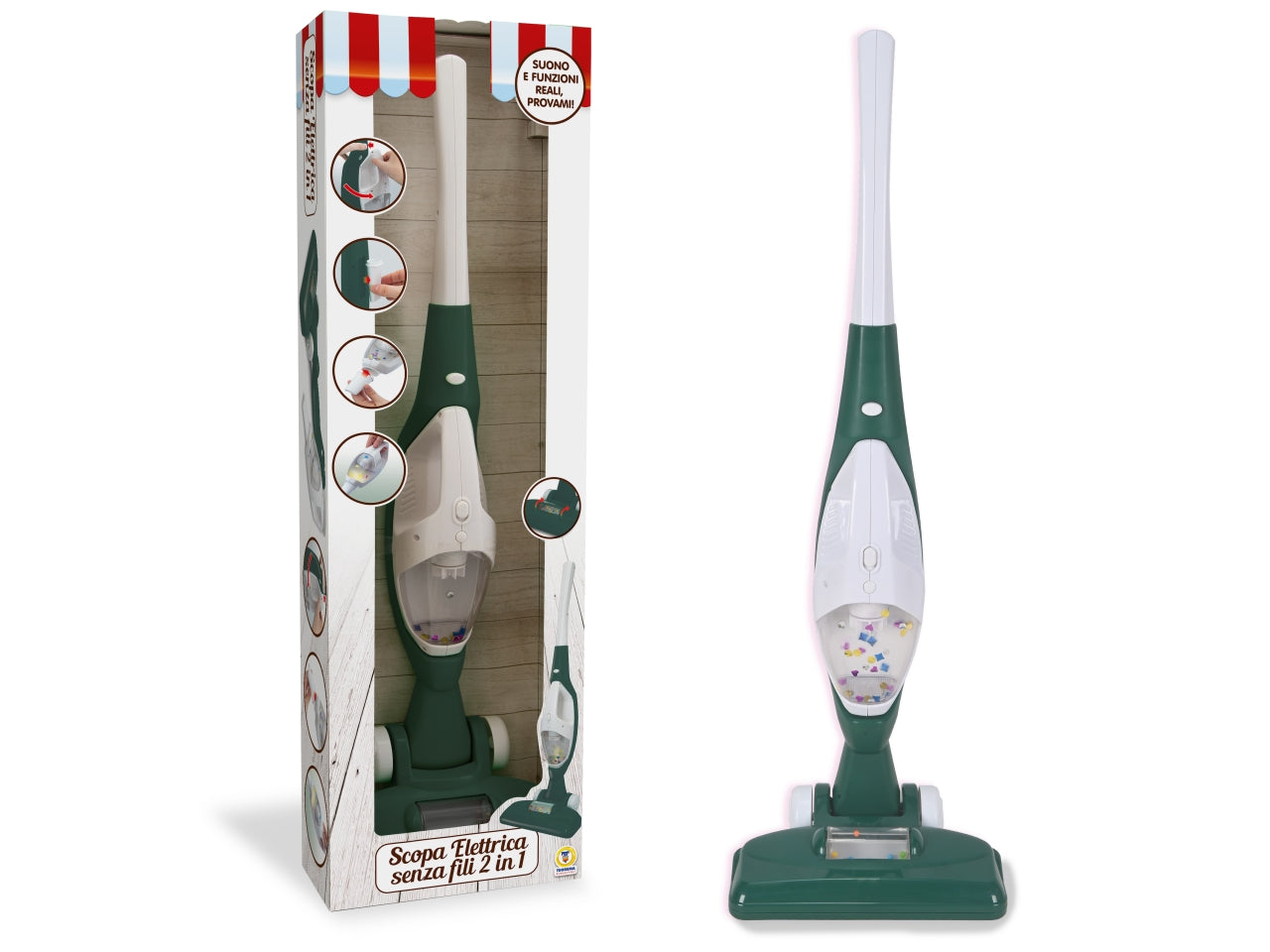 Scopa elettrica 66 cm senza fili luci suoni reali 2 in 1