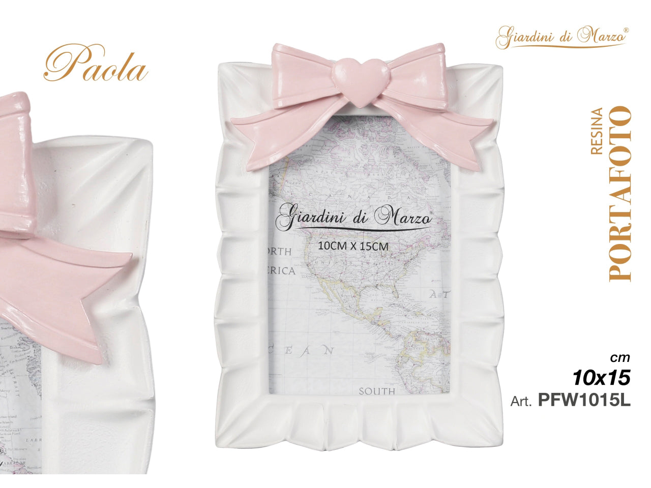 Portafoto bianco fiocco rosa 10x15cm mod. l