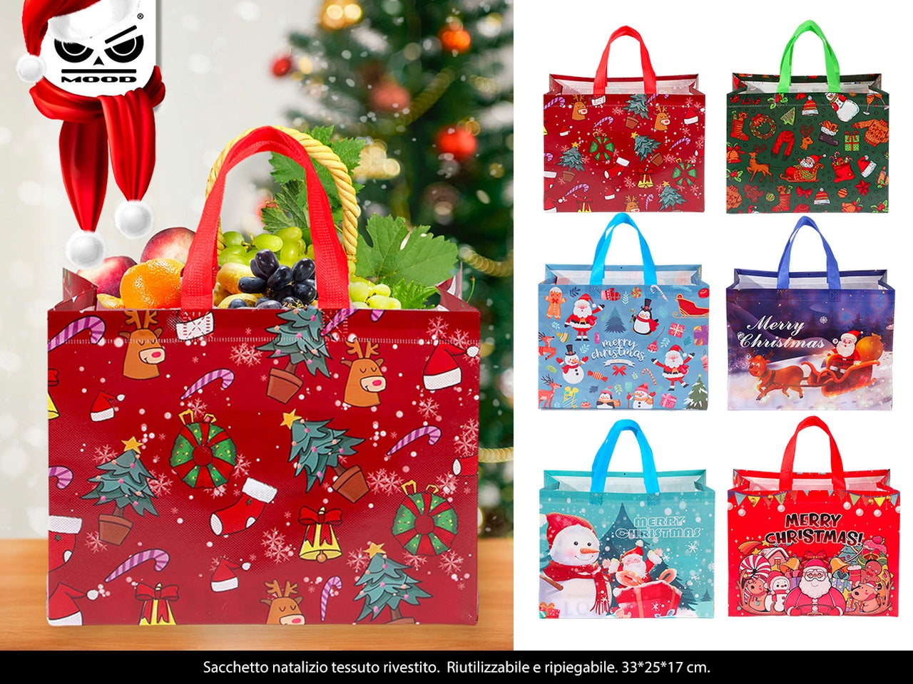 Shopper natalizia in tessuto plastificato riutilizzabile