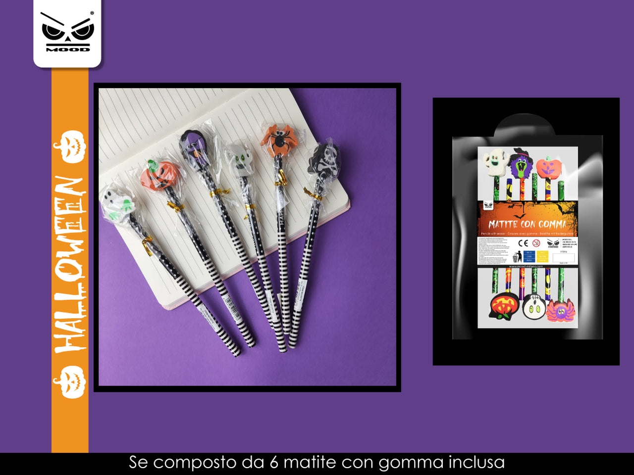Matite halloween con gomma confezione da 6 pezzi