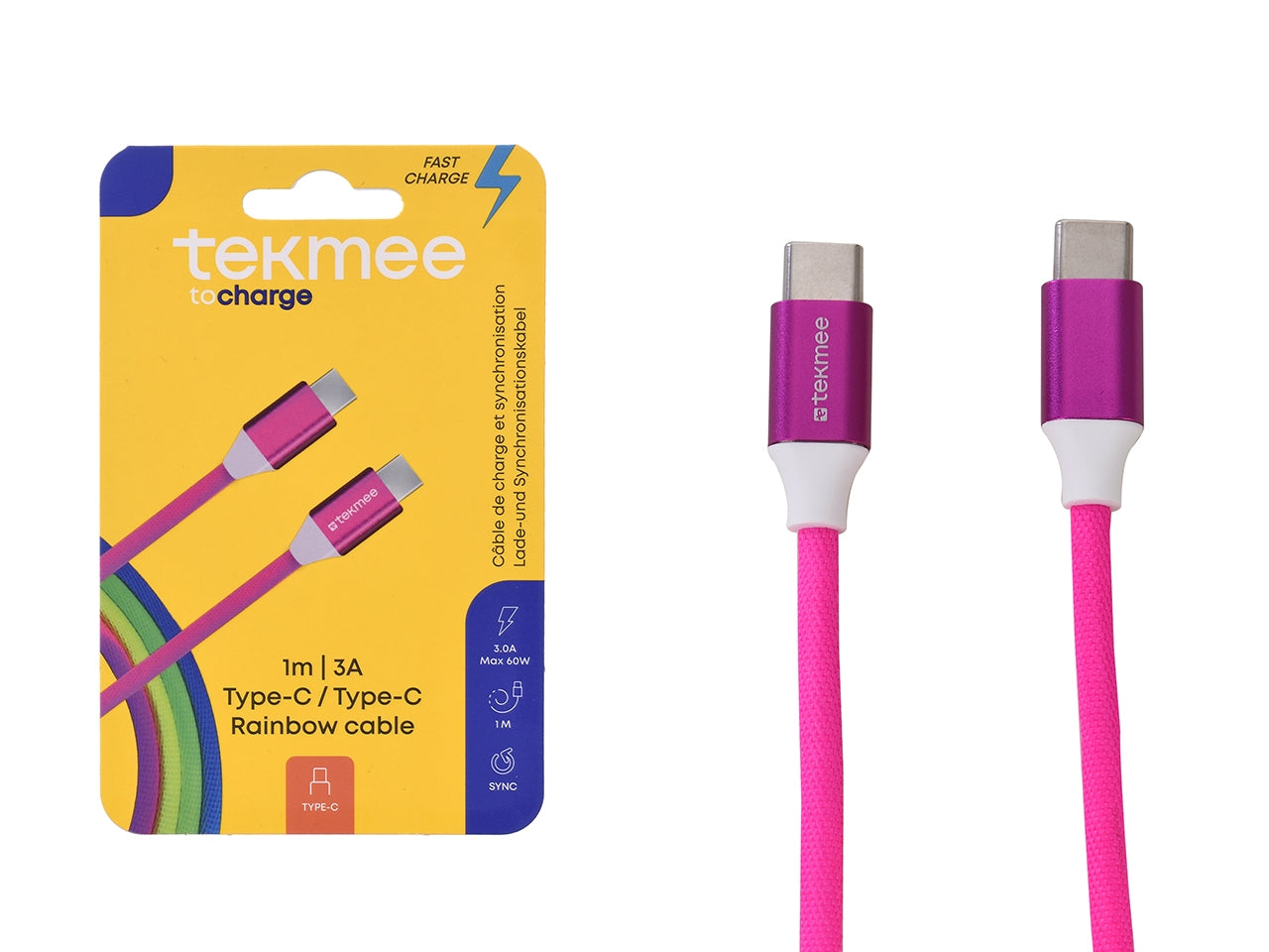 Tekmee cavetto type-c to type-c 1mt 20w rainbow