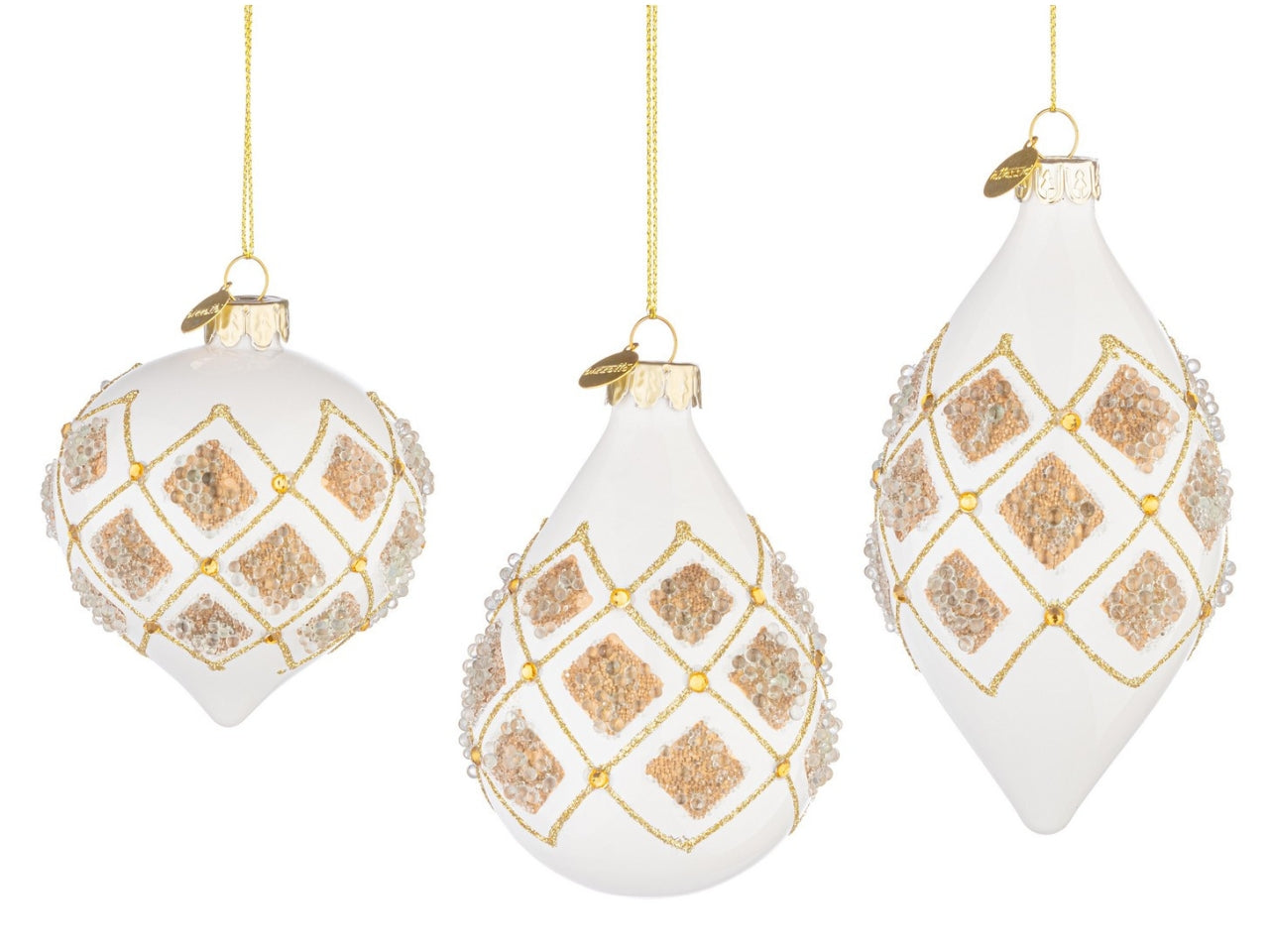 Palla goggia in vetro 10cm bianco con rombi champagne in 3 assortimenti