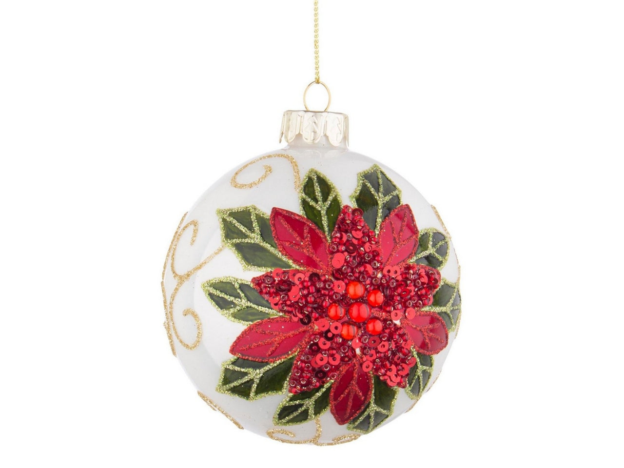 Palla in vetro 8cm bianca con fiore rosso