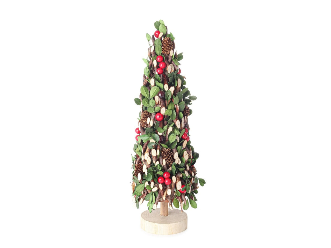 Albero pino 38cm eloise in legno con pigne e bacche rosse
