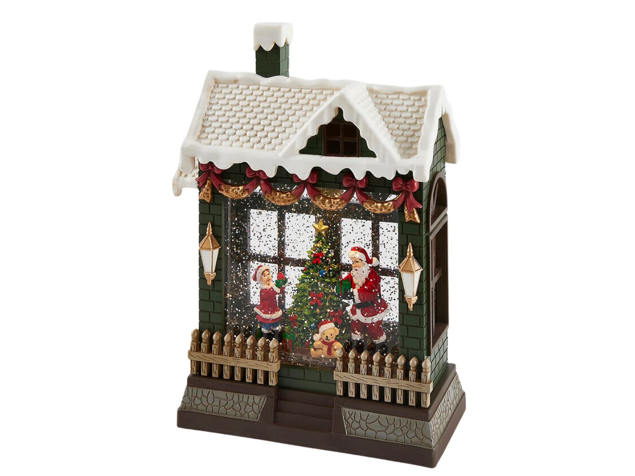 Casetta 18xh.26cm con babbo natale musica, movimento e led