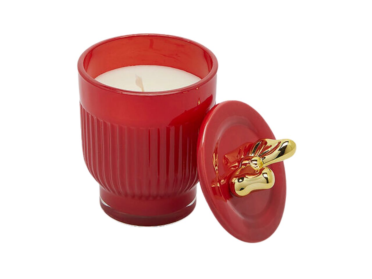 Candela con vasetto in vetro 7xh.11cm e coperchio con fiocco oro, rossa profumata ai frutti di bosco