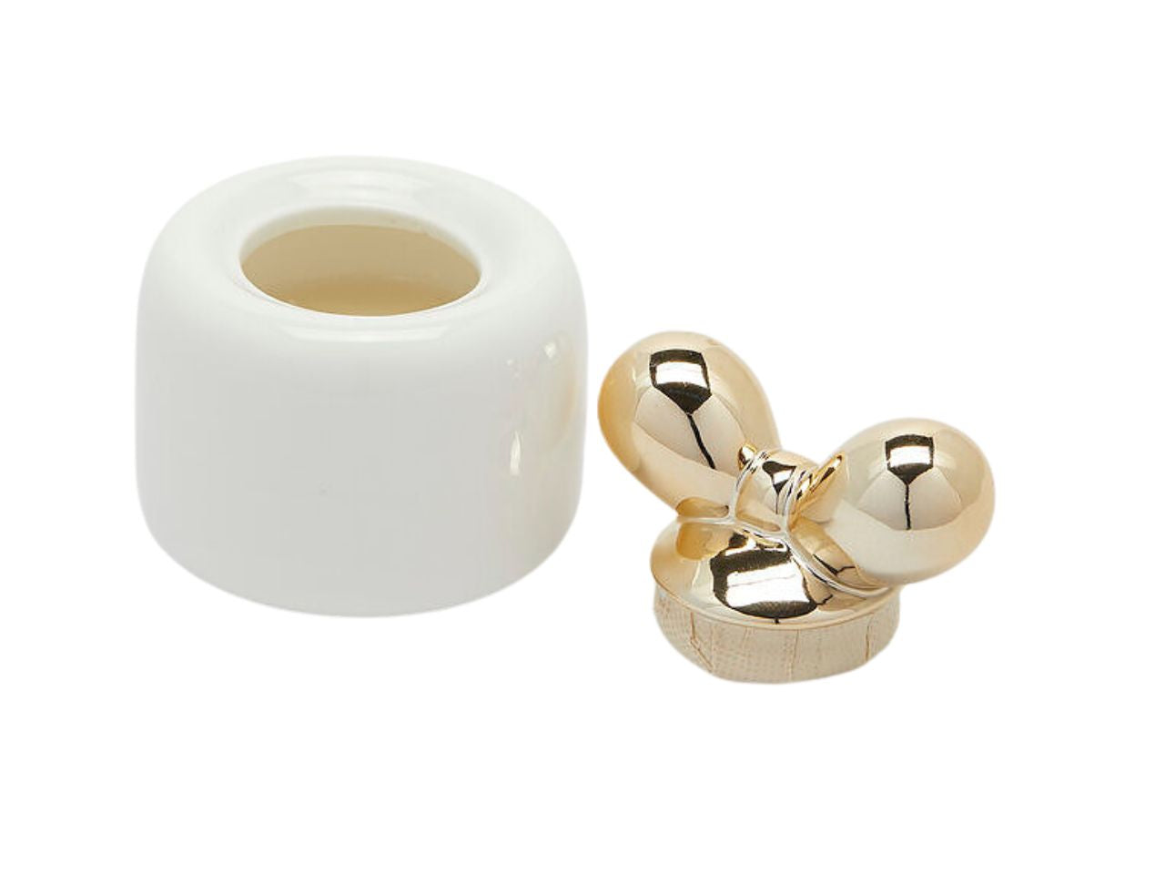 Candela con vasetto 8,5xh.10cm bianco e coperchio con fiocco oro, profumata al frangipane