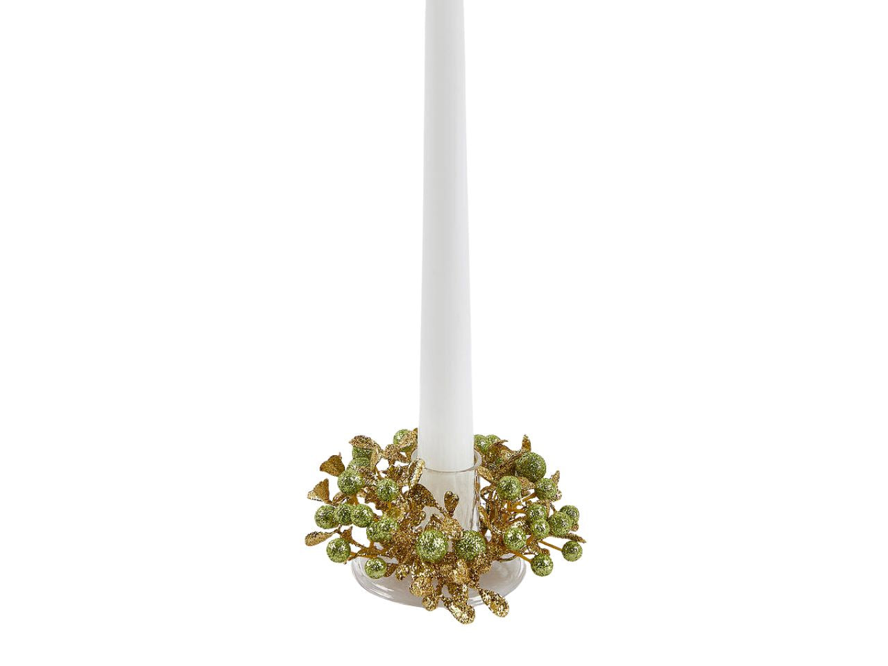 Girocandela9cm con bacche e foglie verde e oro