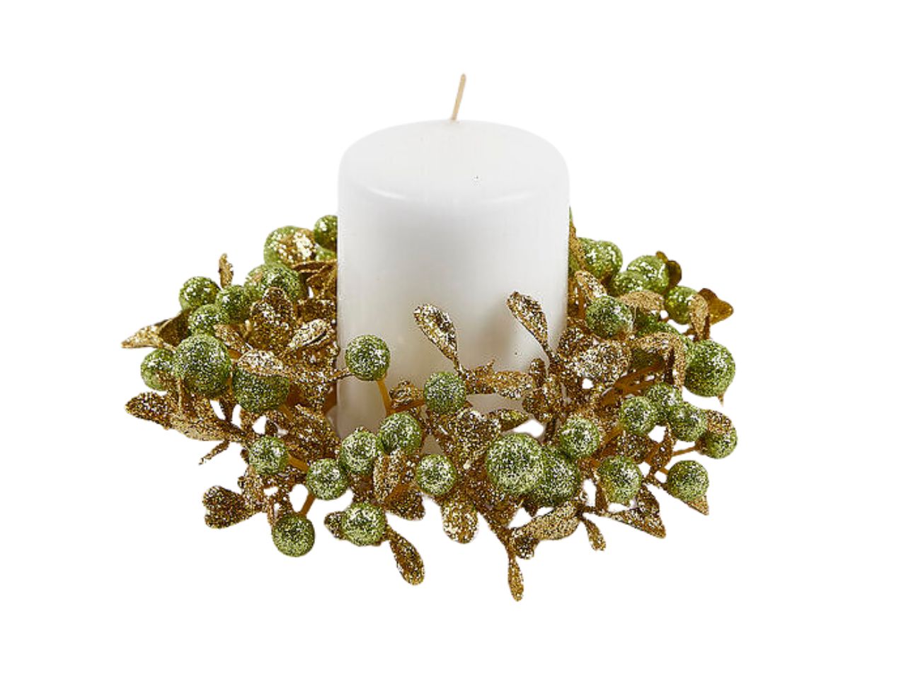 Girocandela12cm con bacche e foglie verde e oro