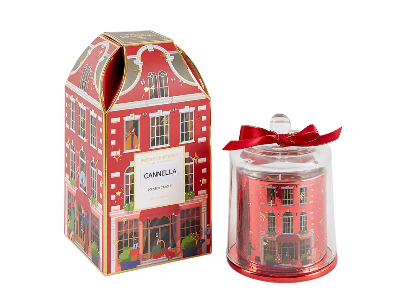 Candela rue de rivoli in bicchiere di vetro con coperchio 13cm decorata rossa, profumazione cinnamon