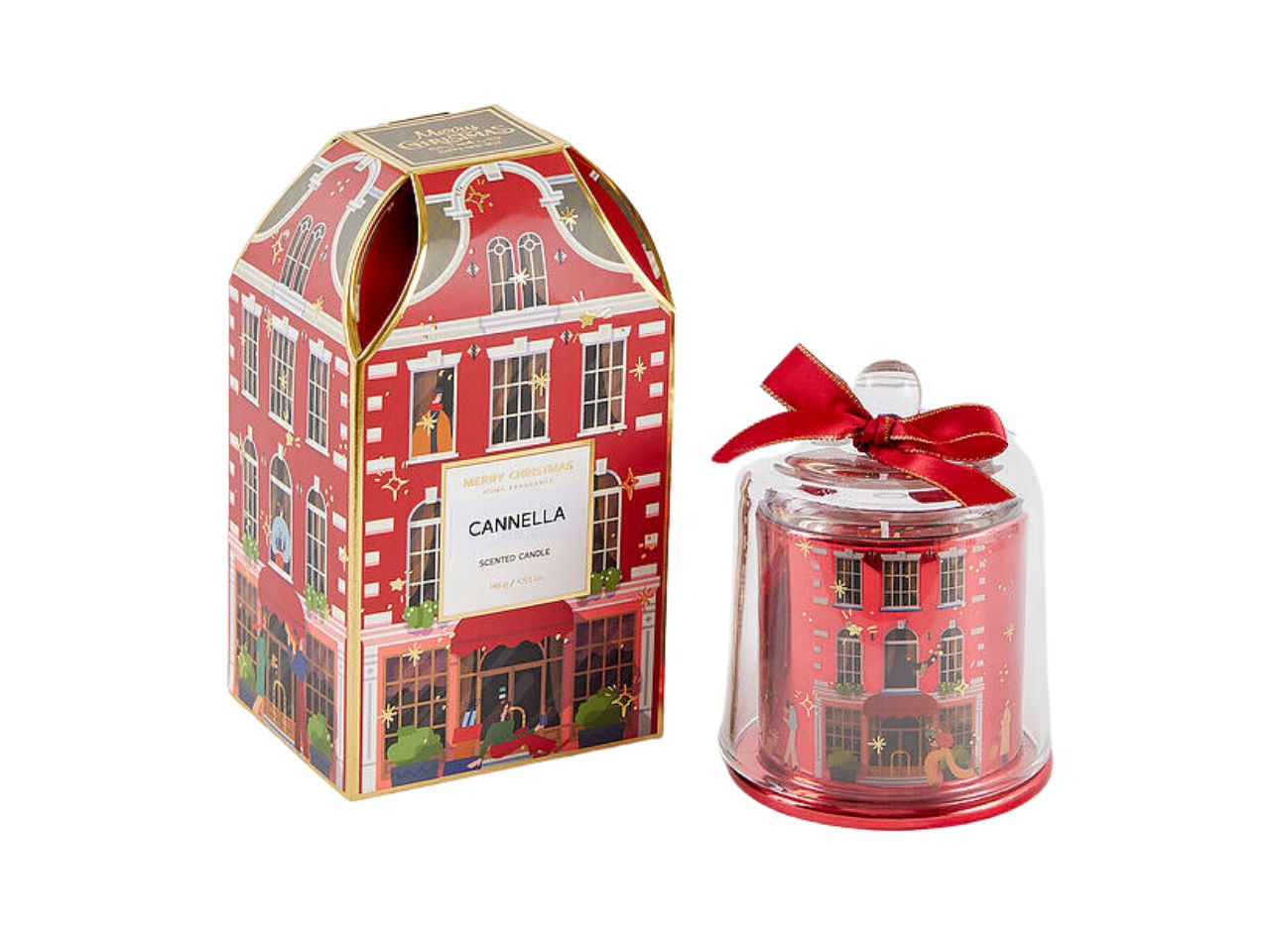 Candela rue de rivoli in bicchiere di vetro con coperchio 12cm decorata rossa, profumazione cinnamon