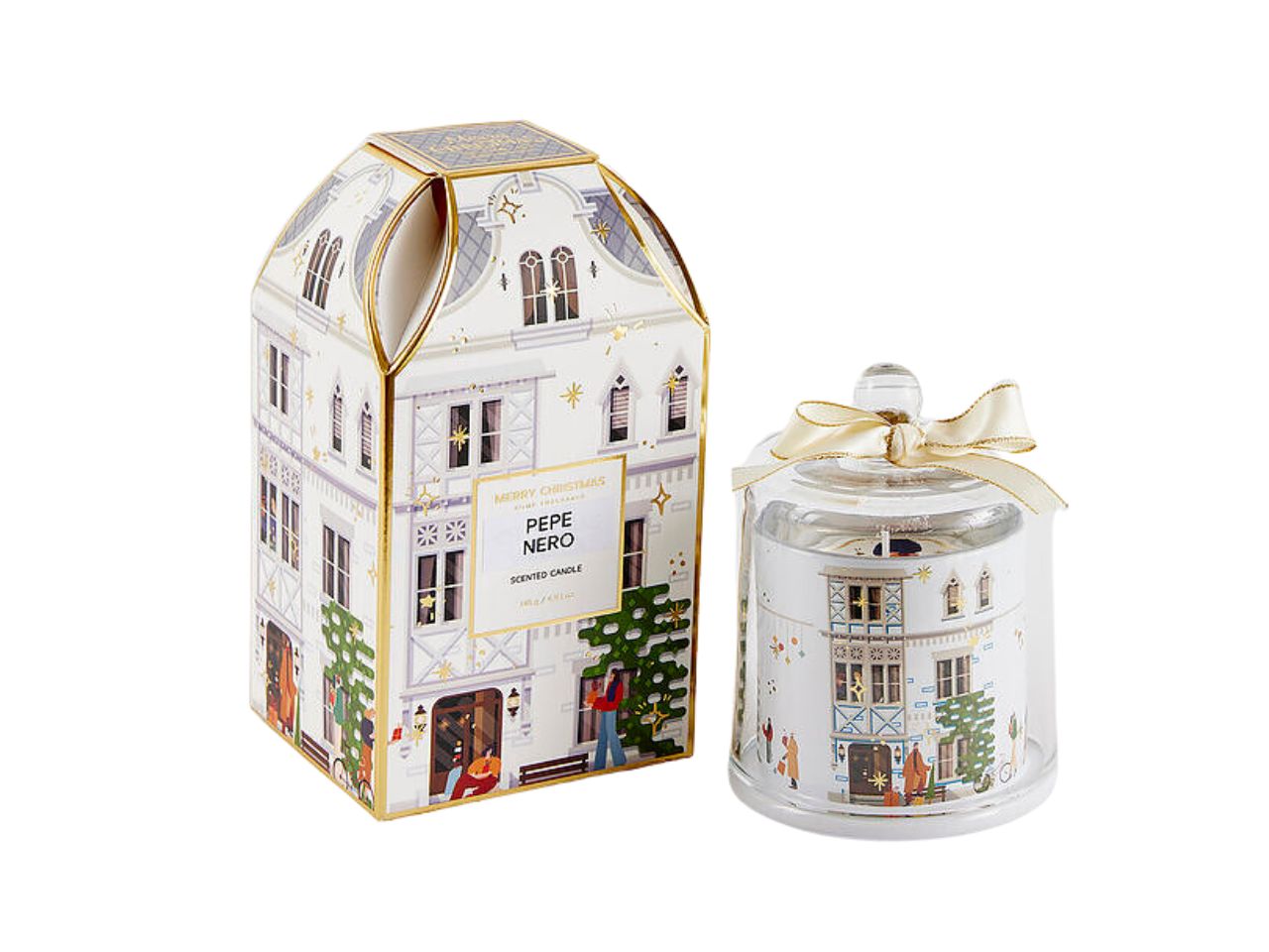 Candela rue de rivoli in bicchiere di vetro con coperchio 12cm decorata bianca, profumazione black pepper
