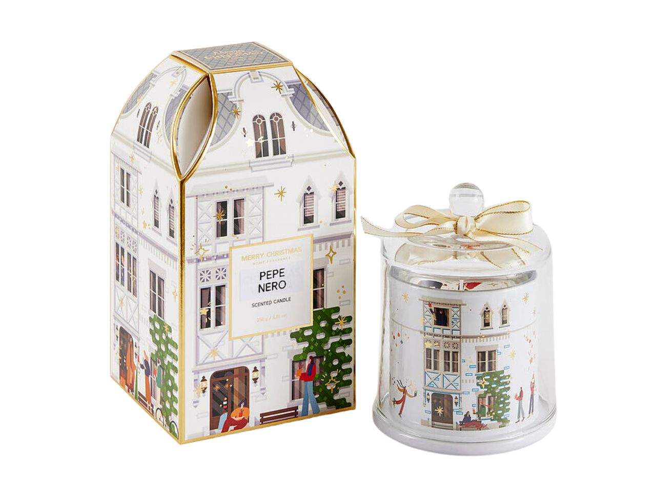 Candela rue de rivoli in bicchiere di vetro con coperchio 13cm decorata bianca, profumazione black pepper