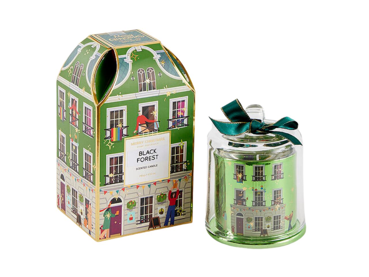 Candela rue de rivoli in bicchiere di vetro con coperchio 12cm decorata verde, profumazione black forest