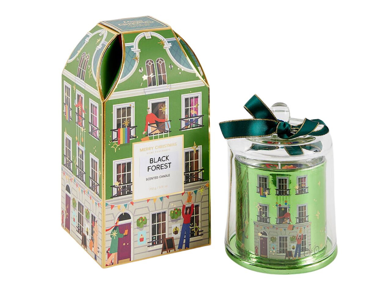 Candela rue de rivoli in bicchiere di vetro con coperchio 13cm decorata verde, profumazione black forest