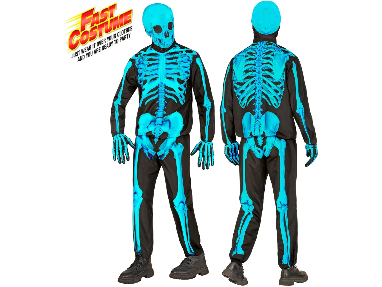 Costume scheletro fluorescente con giacca, pantaloni, guanti e maschera taglia 128cm/5-7anni
