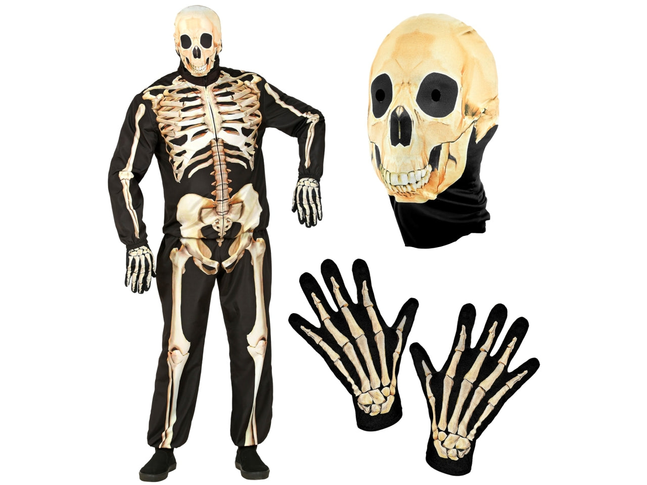 Costume scheletro con giacca, pantaloni, guanti e maschera taglia 158cm/11-13anni