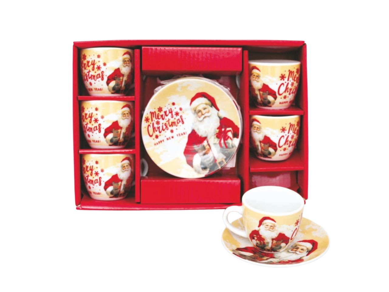Tazzina da caffe'e piattino in scatola da 6 pezzi con decoro babbo natale crema