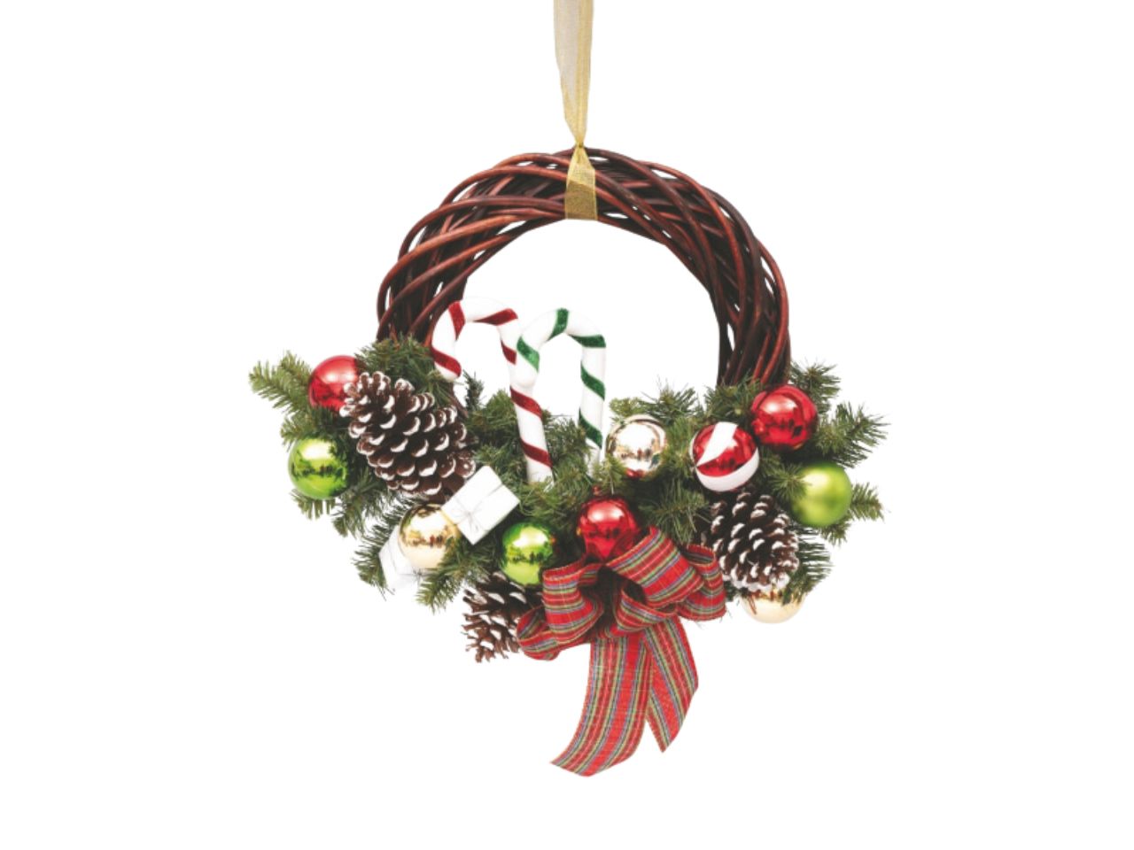 Corona vimini 35cm marrone decorata con pigne e fiocco scozzese
