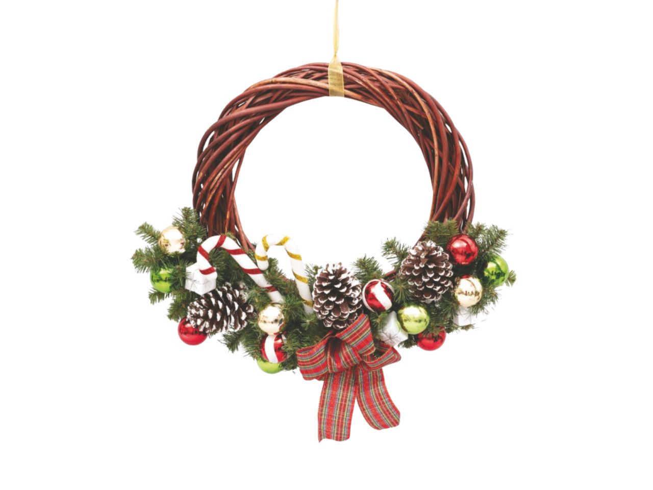 Corona vimini 50cm marrone decorata con pigne e fiocco scozzese