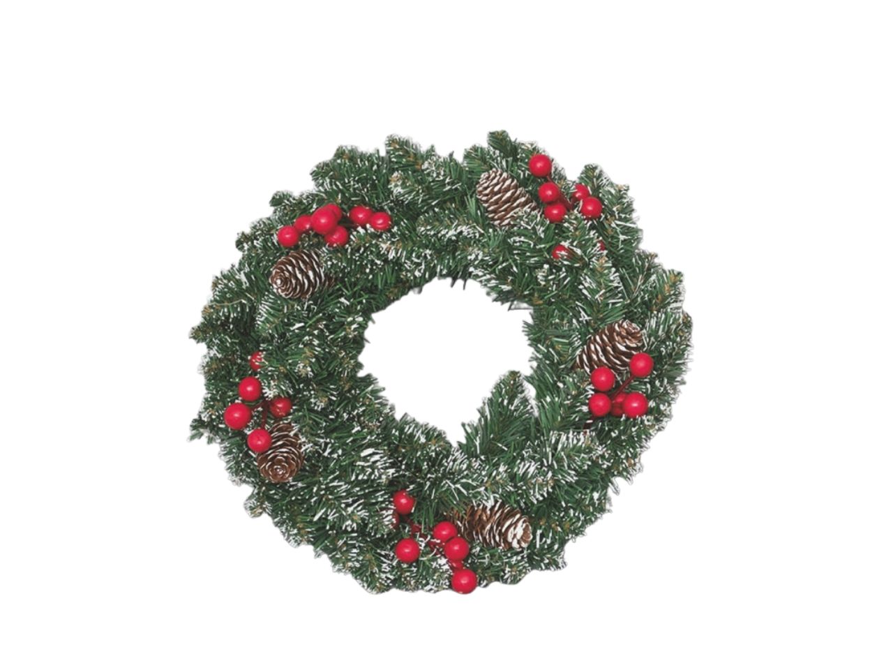 Corona innevata 30cm con bacche rosse e pigne