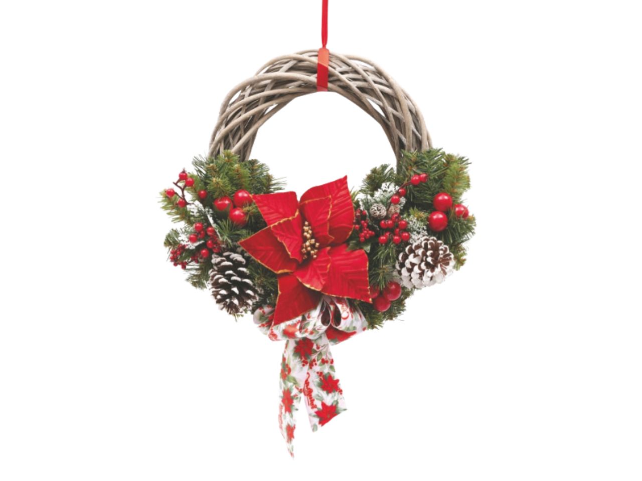 Corona vimini 35xh.40cm con pigne e stelle di natale