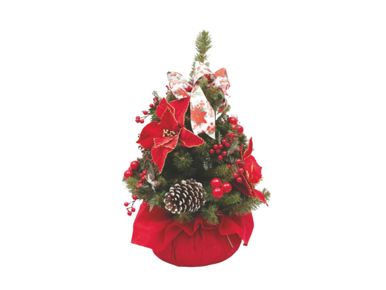 Albero 60cm con stelle di natale, bacche e base rossa