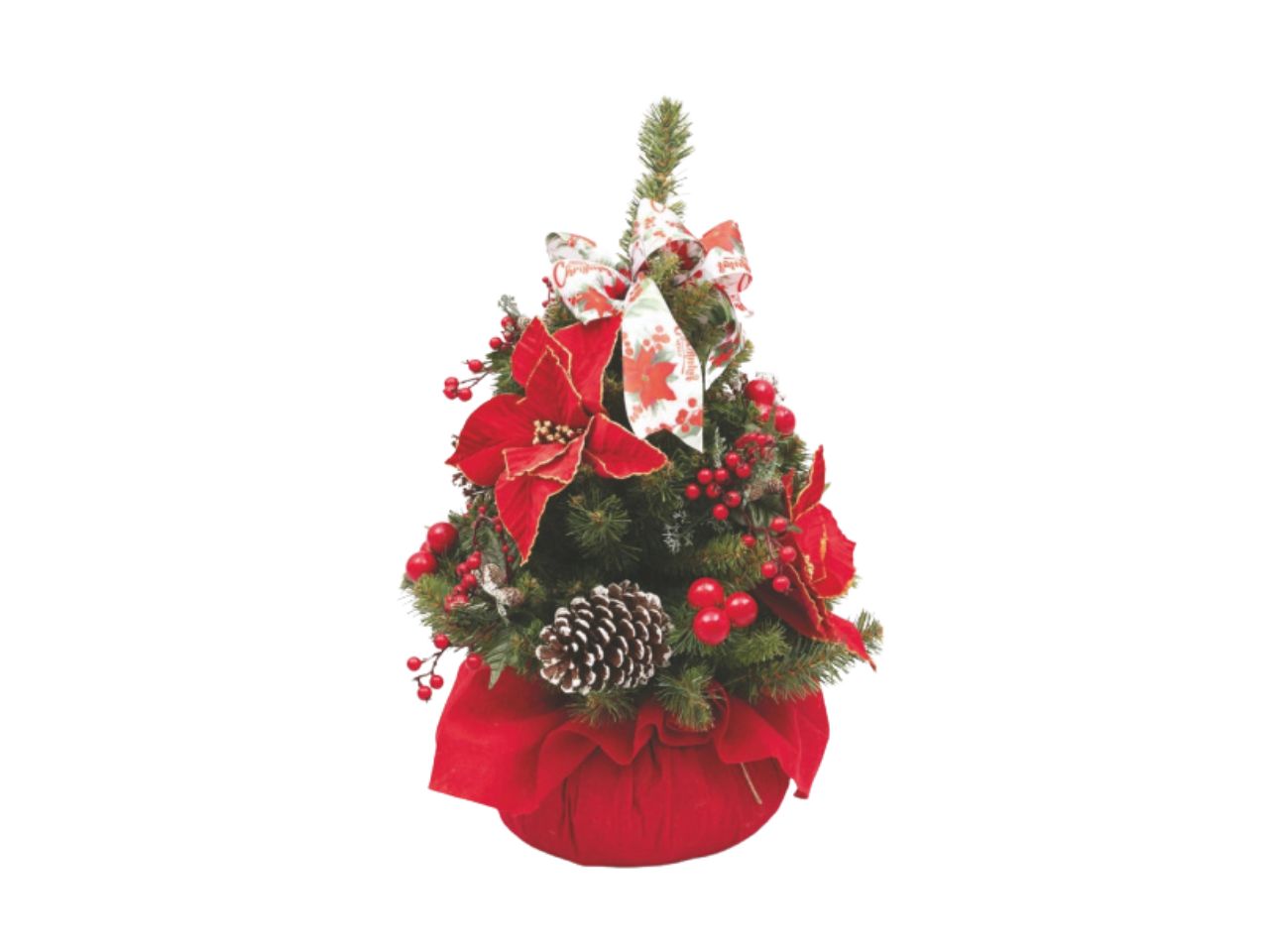 Albero 80cm con stelle di natale, bacche e base rossa